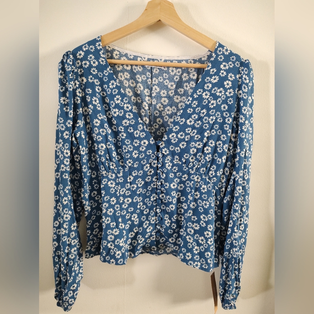REFORMATION Nell Top Dana Blue Floral XL Blouse Shirt- NWT